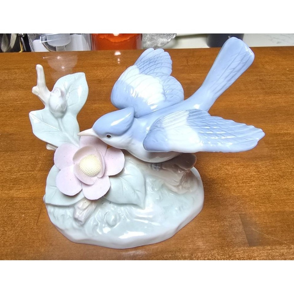 Porcelain Bluebird Figurine with Pink Flower and Leaves